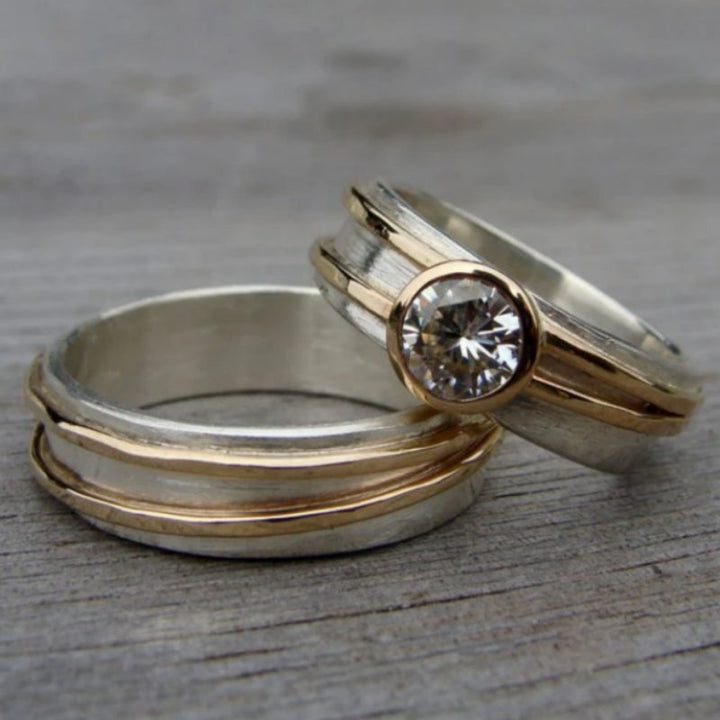 Bohemian Vintage Zirconia Wide Two-Tone Rings Set