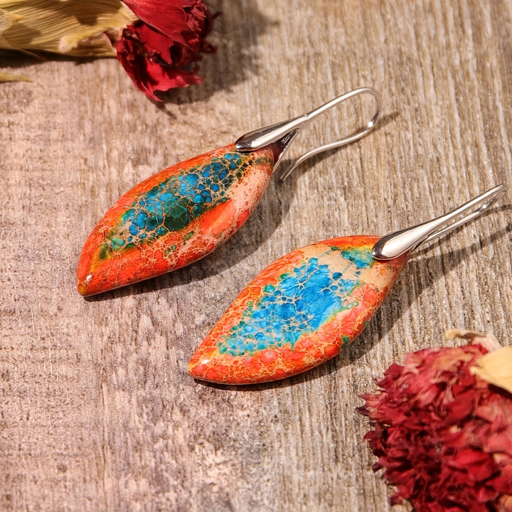 Vintage Bohemian Orange and Blue Natural Stone Leaf Earrings