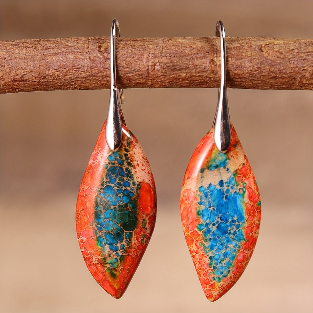 Vintage Bohemian Orange and Blue Natural Stone Leaf Earrings