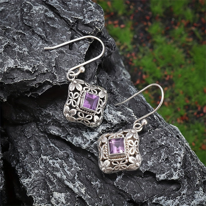 Vintage Purple Zirconia Floral Filigree Drop Earrings