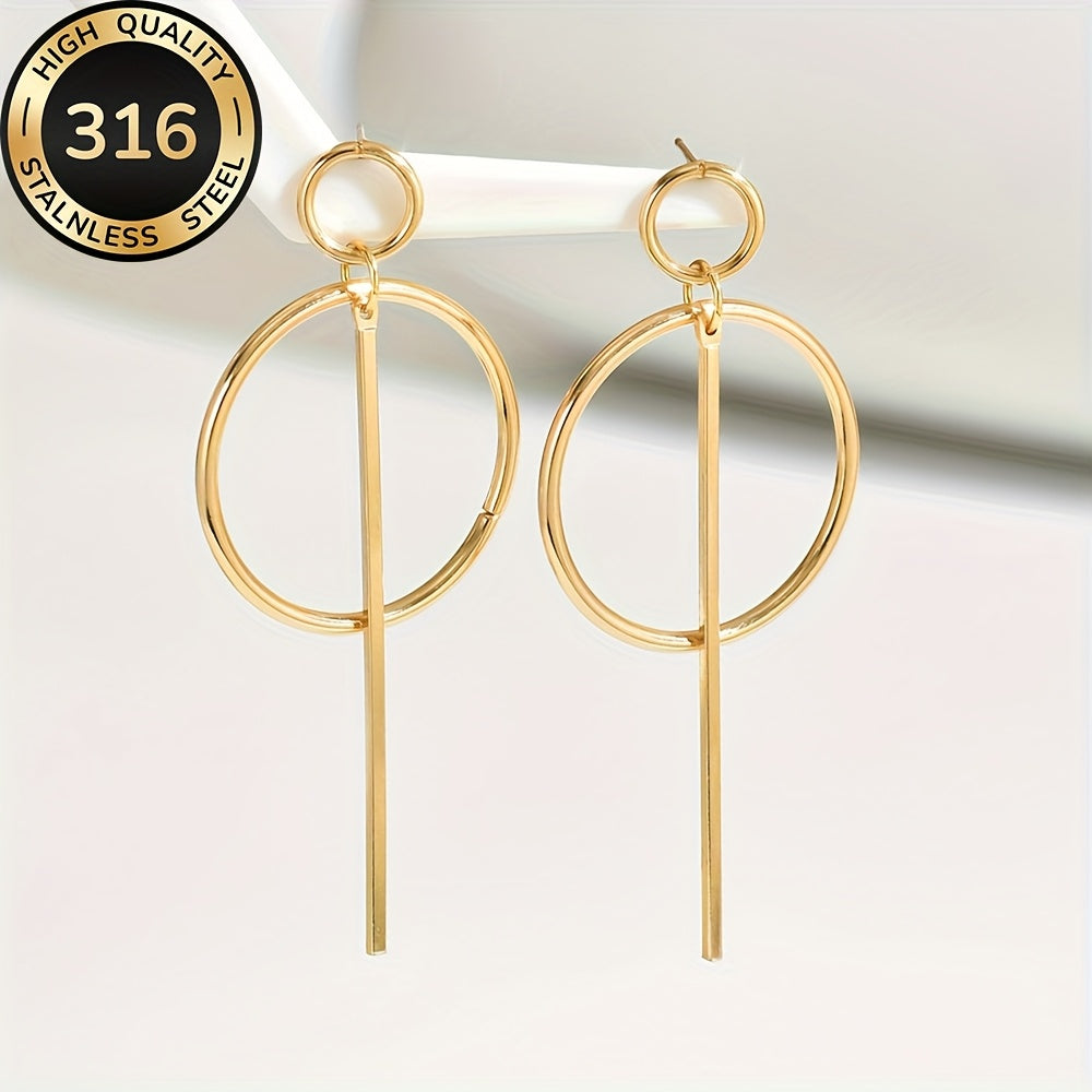 Modern Linear Style Gold Plated Circle Drop Earrings