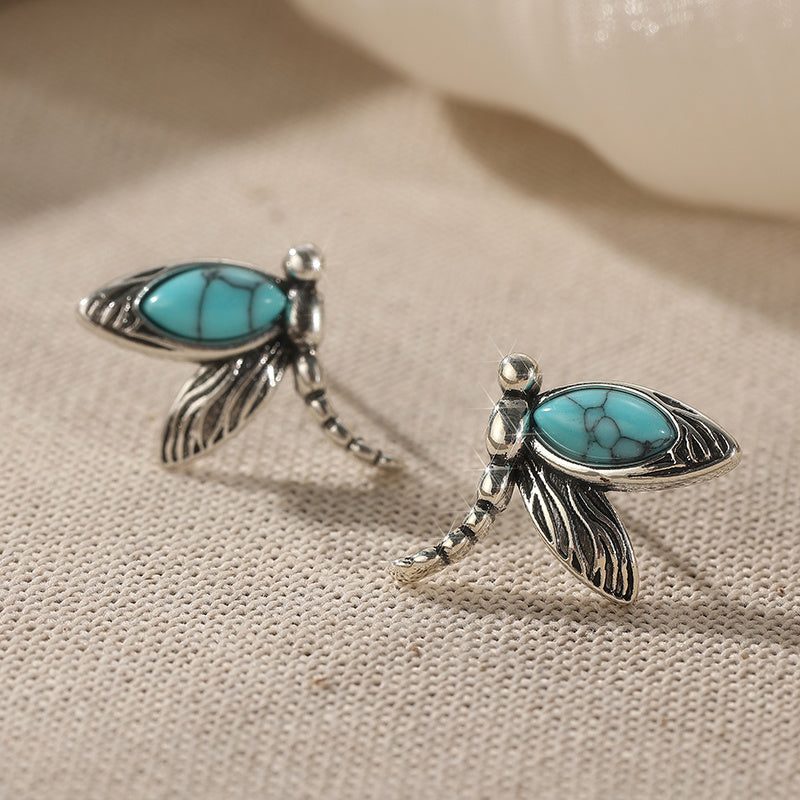 Vintage Dragonfly Turquoise Stud Earrings