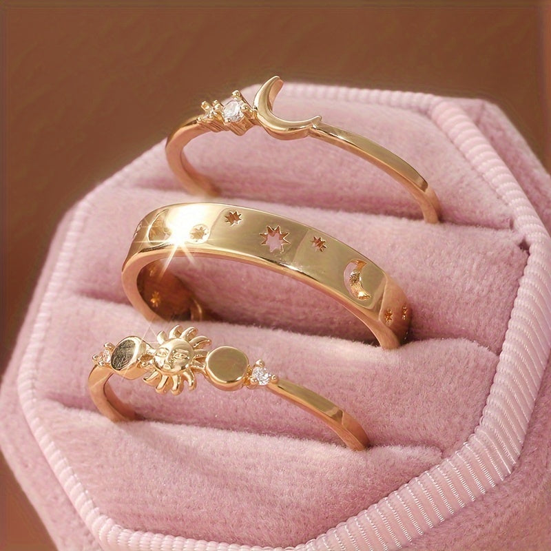 Vintage stapelbare ringenset met halvemaan en ingelegde zirkonia