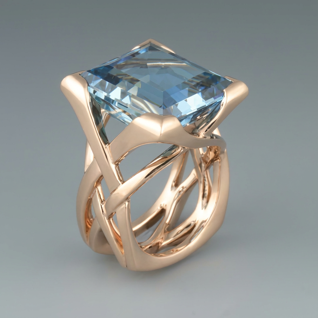 Vintage roségoudkleurige ring met blauwe zirkonia