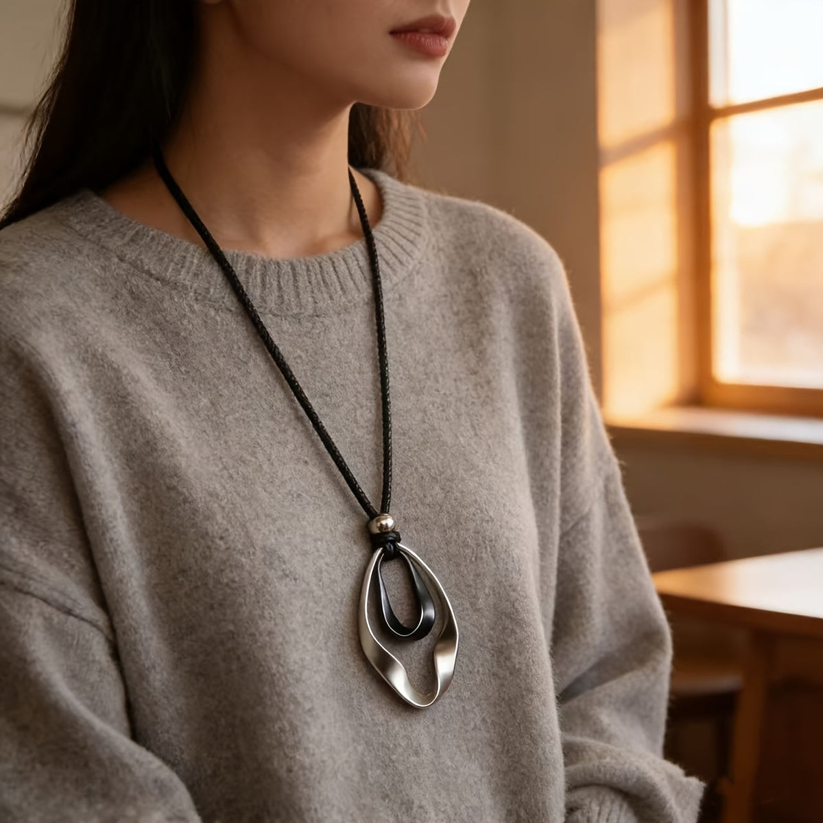 Elegante verstelbare ketting met sculpturale gedraaide druppelhanger