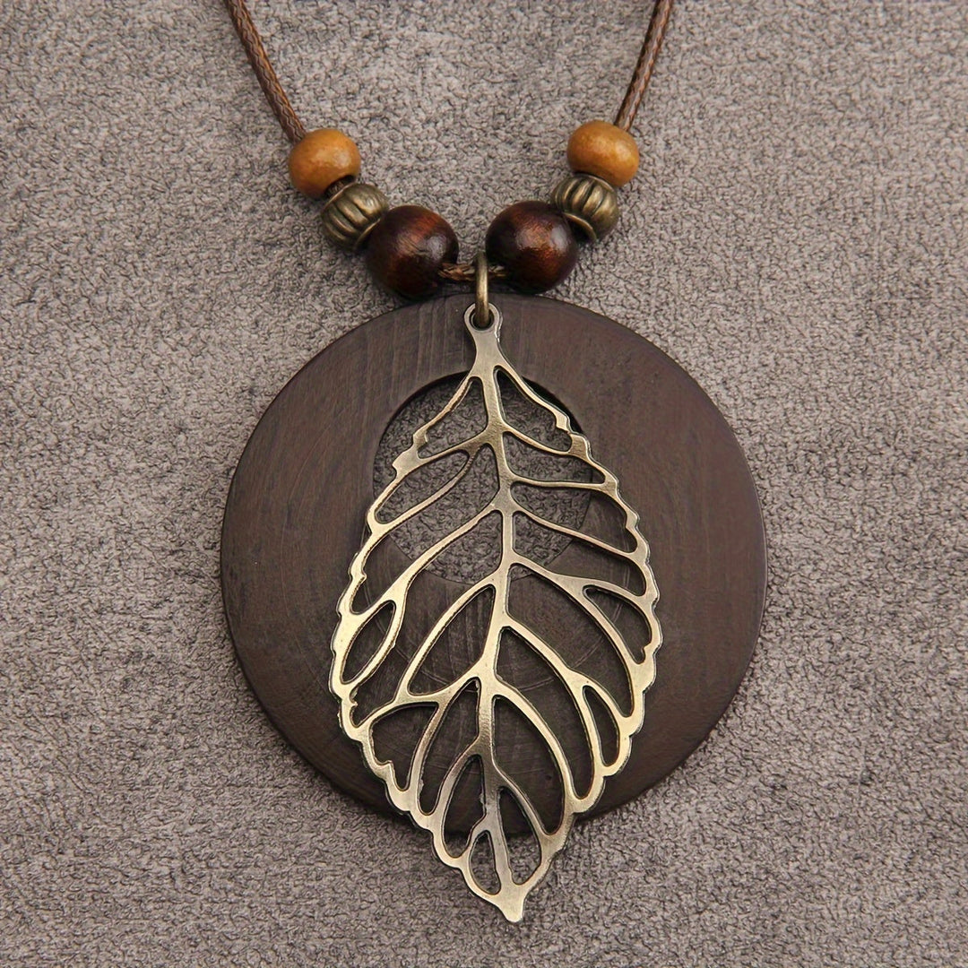 Bohemian Wax Rope Leaf Shaped Pendant Long Necklace