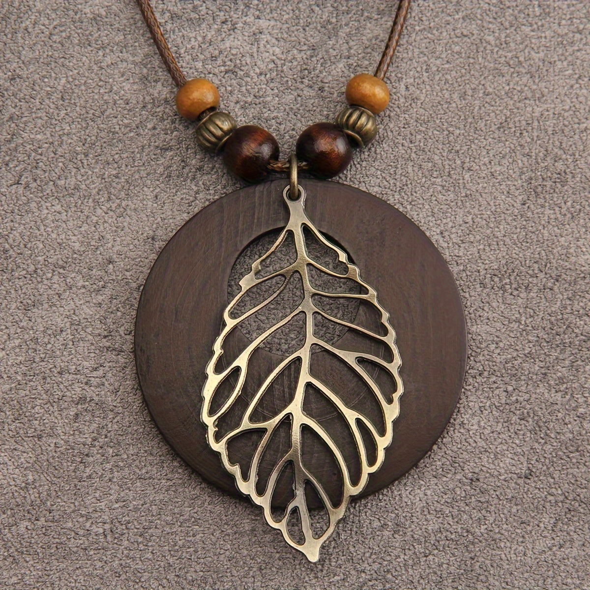 Bohemien waxkoord bladvormige hanger lange ketting