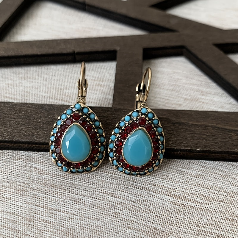 Vintage Turquoise Rhinestone Teardrop Resin Earrings