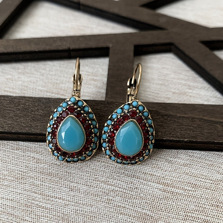 Vintage Turquoise Rhinestone Teardrop Resin Earrings