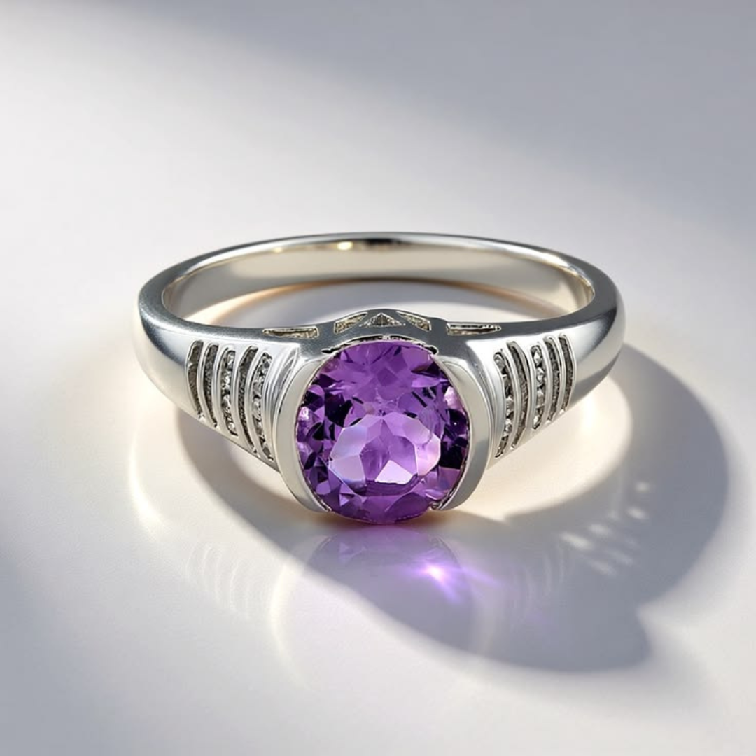 Stijlvolle verzilverde ring met rond paars zirkonia