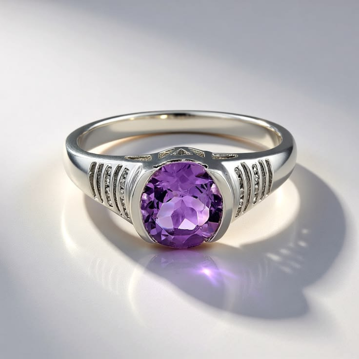 Stylish Silver Plated Round Purple Zirconia Ring