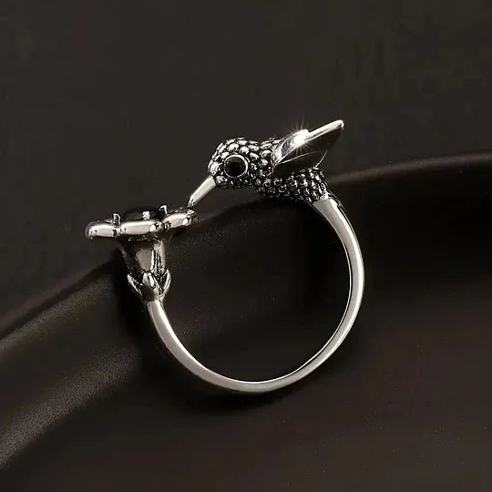 Vintage Adjustable Silver Plated Hummingbird & Flower Open Ring