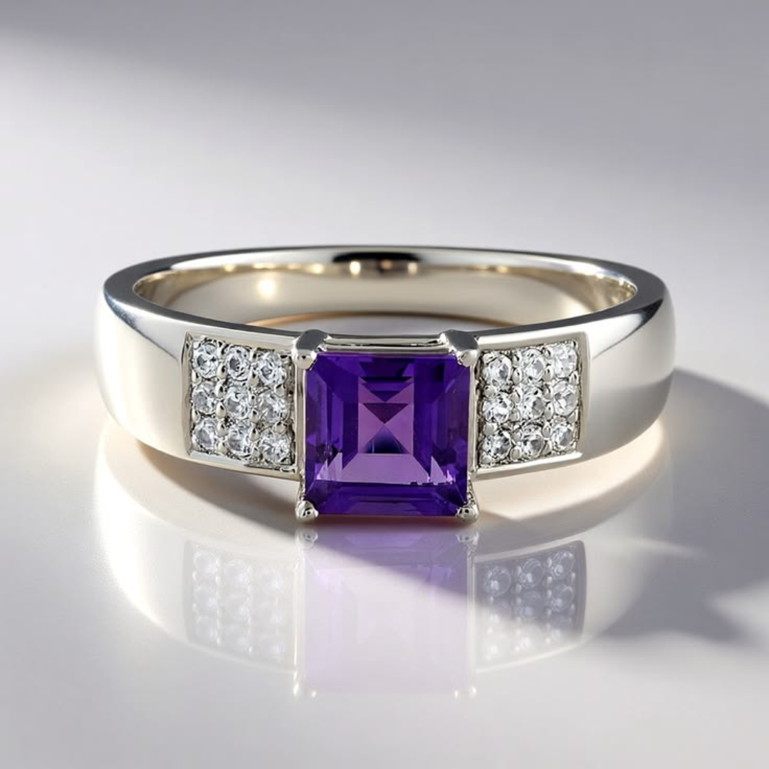 Retro zilverkleurige vierkante paarse zirkonia kristallen ring
