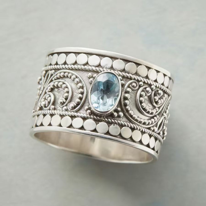 Vintage Ocean Blue Round Cubic Zirconia Wide Band Ring
