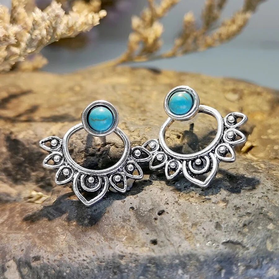 Vintage Turquoise Sunburst Stud Hoop Earring