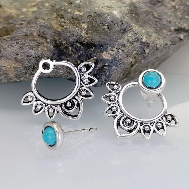 Vintage Turquoise Sunburst Stud Hoop Earring
