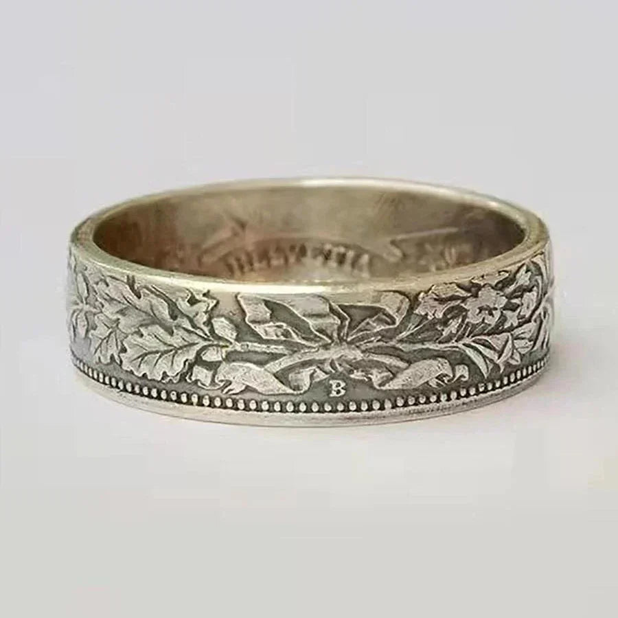 Vintage verzilverde ring met sneeuwvlok- en muntpatroon