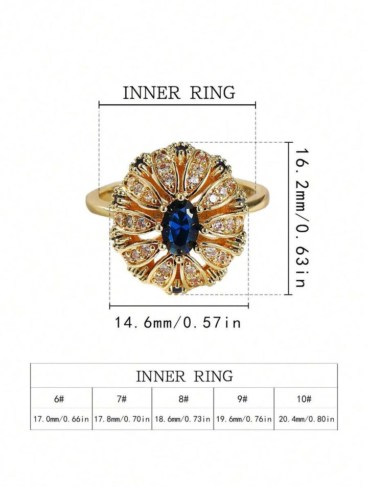 Elegant Gold Plated Sunflower Design Blue Zirconia Inlaid Ring