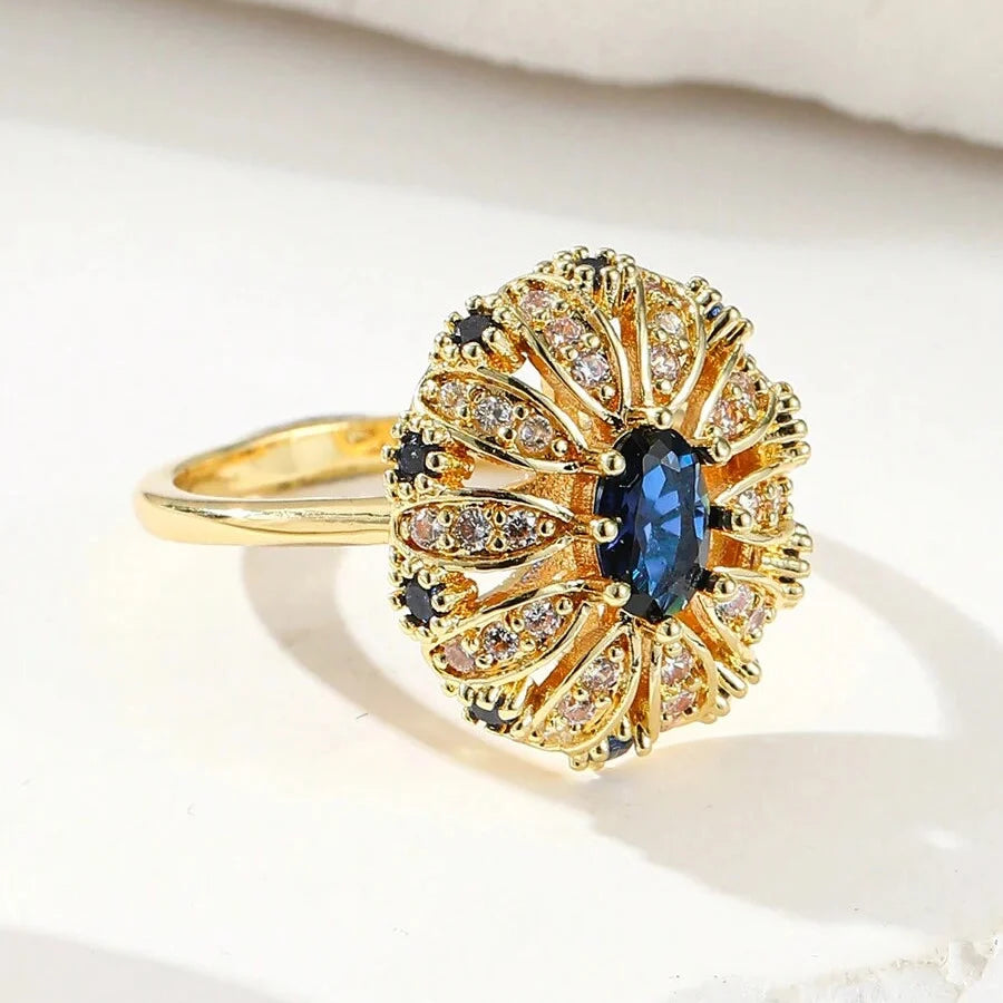 Elegant Gold Plated Sunflower Design Blue Zirconia Inlaid Ring