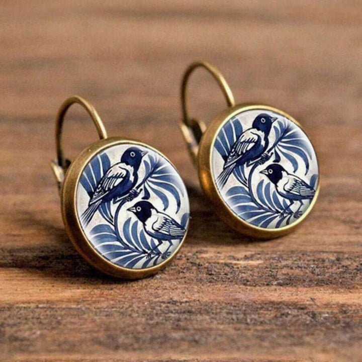 Retro Style Blue Bird Shaped Round Hook Earrings