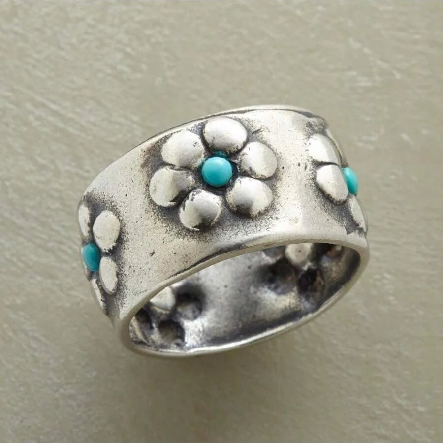 Bohemian Vibrant Silvery Flower Turquoise Wide Ring