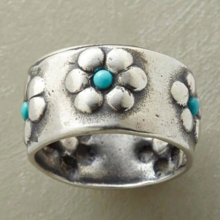 Bohemian Vibrant Silvery Flower Turquoise Wide Ring