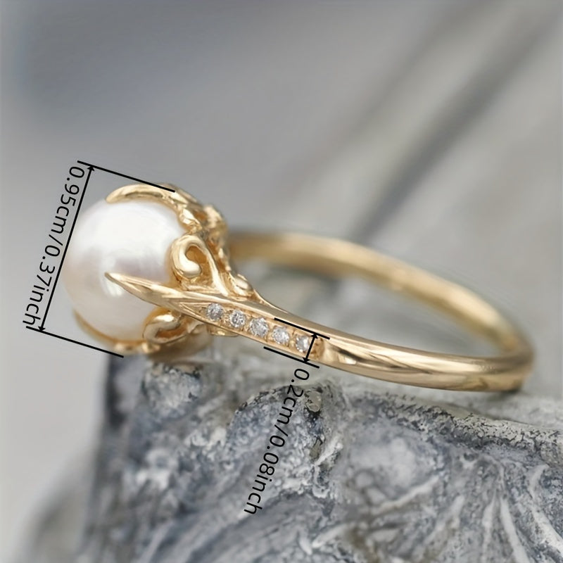 Vintage vergulde ring in Latijnse stijl met parel en zirkonia