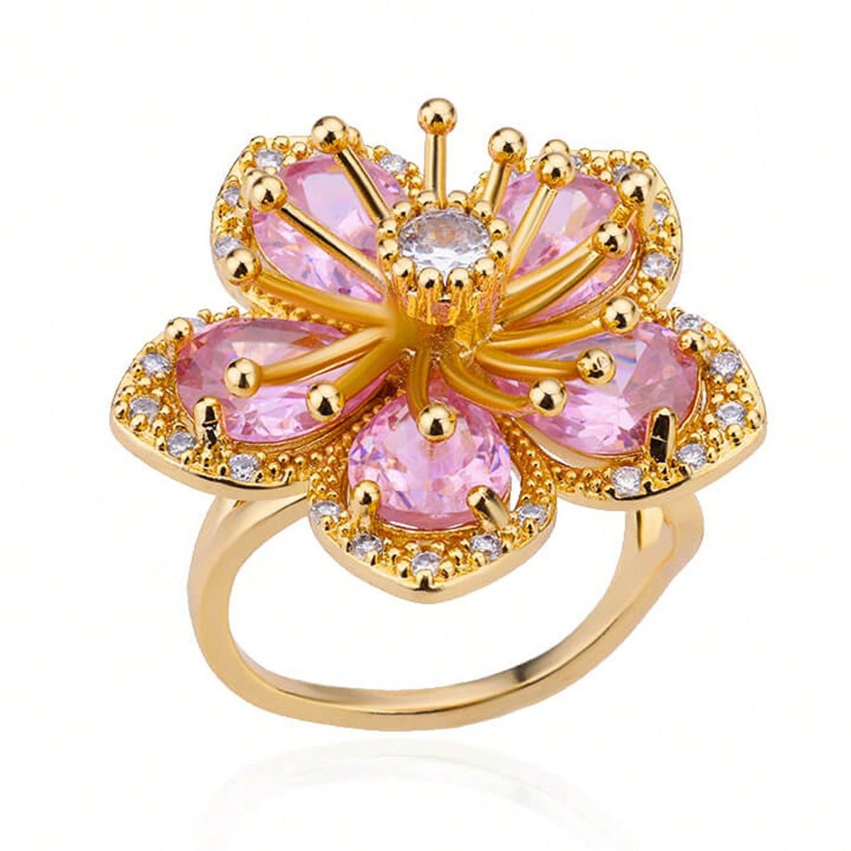 Elegante vergulde bloemenring met roze zirkonia