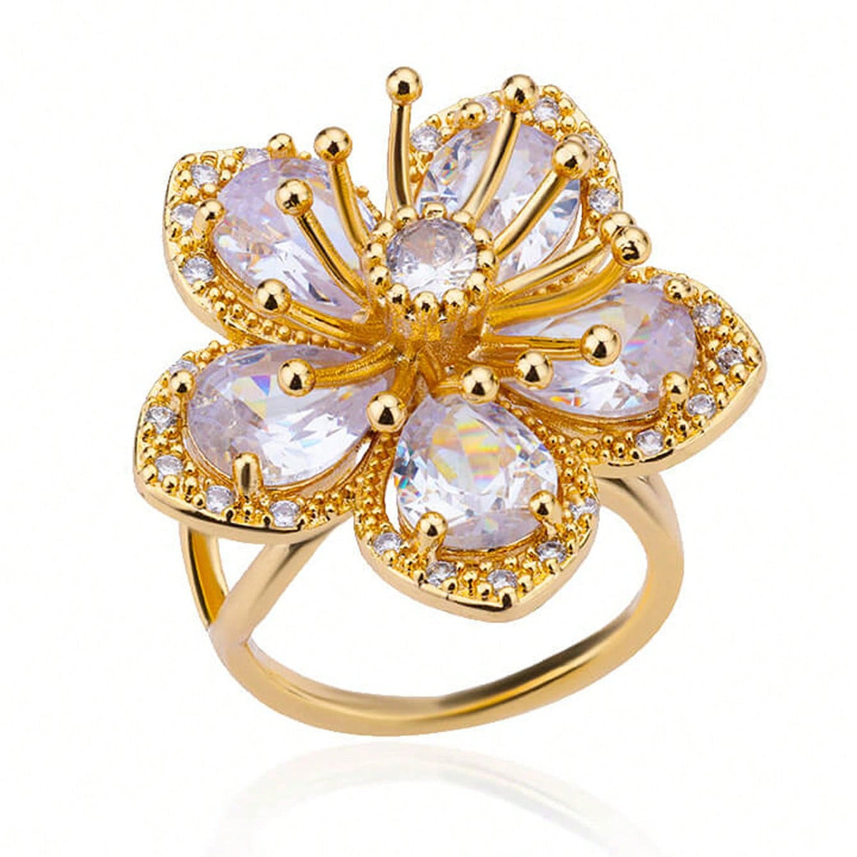 Elegante vergulde bloemenring met roze zirkonia