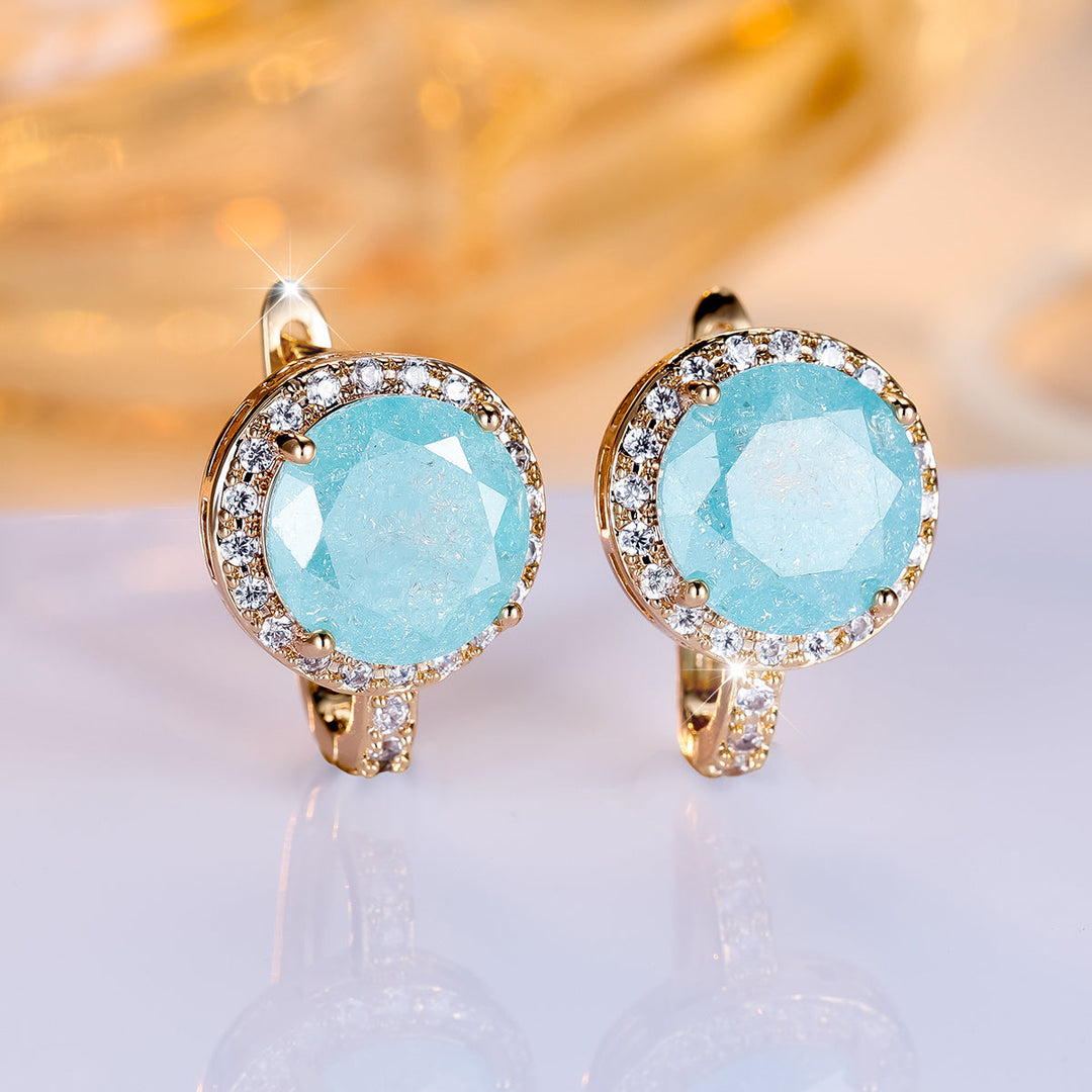 Elegant Round Cut Ice Flower Aqua Blue Stone Clip Earrings