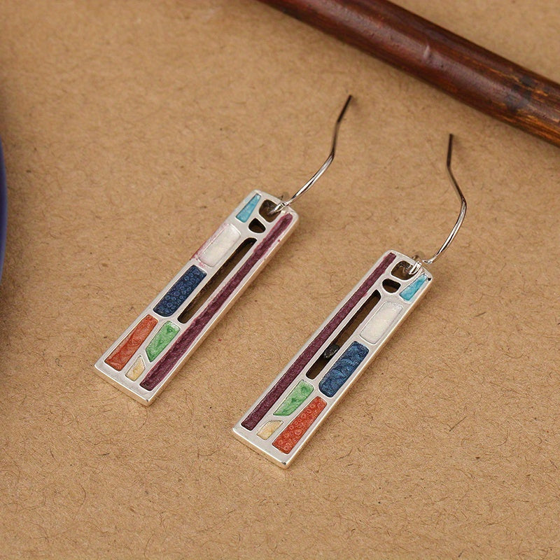Vintage verzilverde geometrische kleurrijke oorhangers