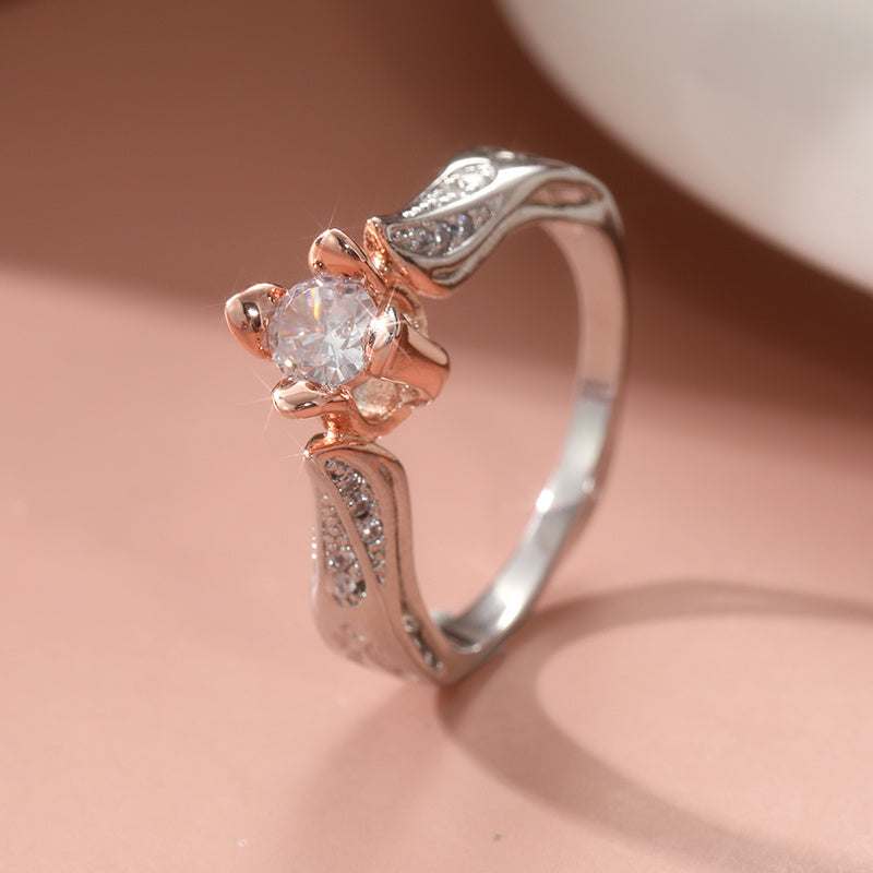 Elegante verzilverde tweekleurige rozenring ingelegd met zirkonia