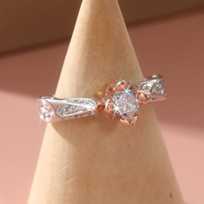 Elegante verzilverde tweekleurige rozenring ingelegd met zirkonia