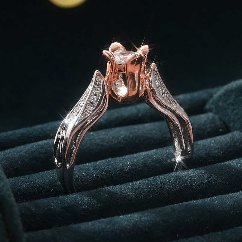 Elegante verzilverde tweekleurige rozenring ingelegd met zirkonia