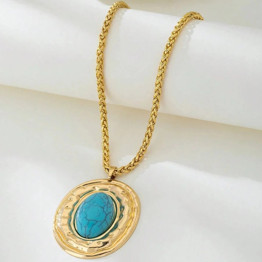 Vintage slangenhuid schakelketting met ovale imitatie turkooizen hanger