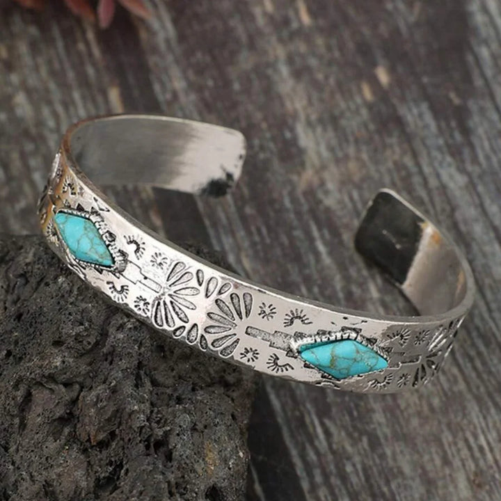Vintage Bohemian Western Totem Engraved Inlaid Turquoise Bracelet