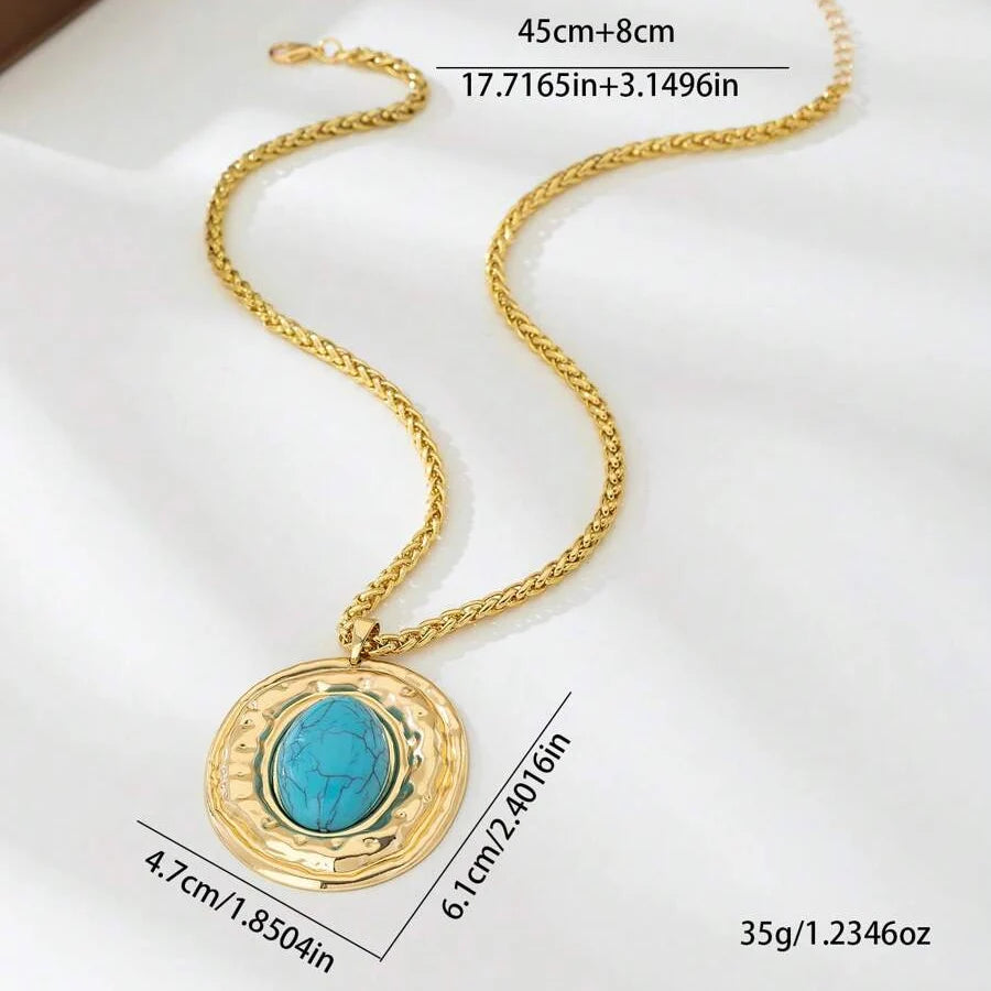Vintage Snake Skin Chain Oval Faux Turquoise Pendant Necklace