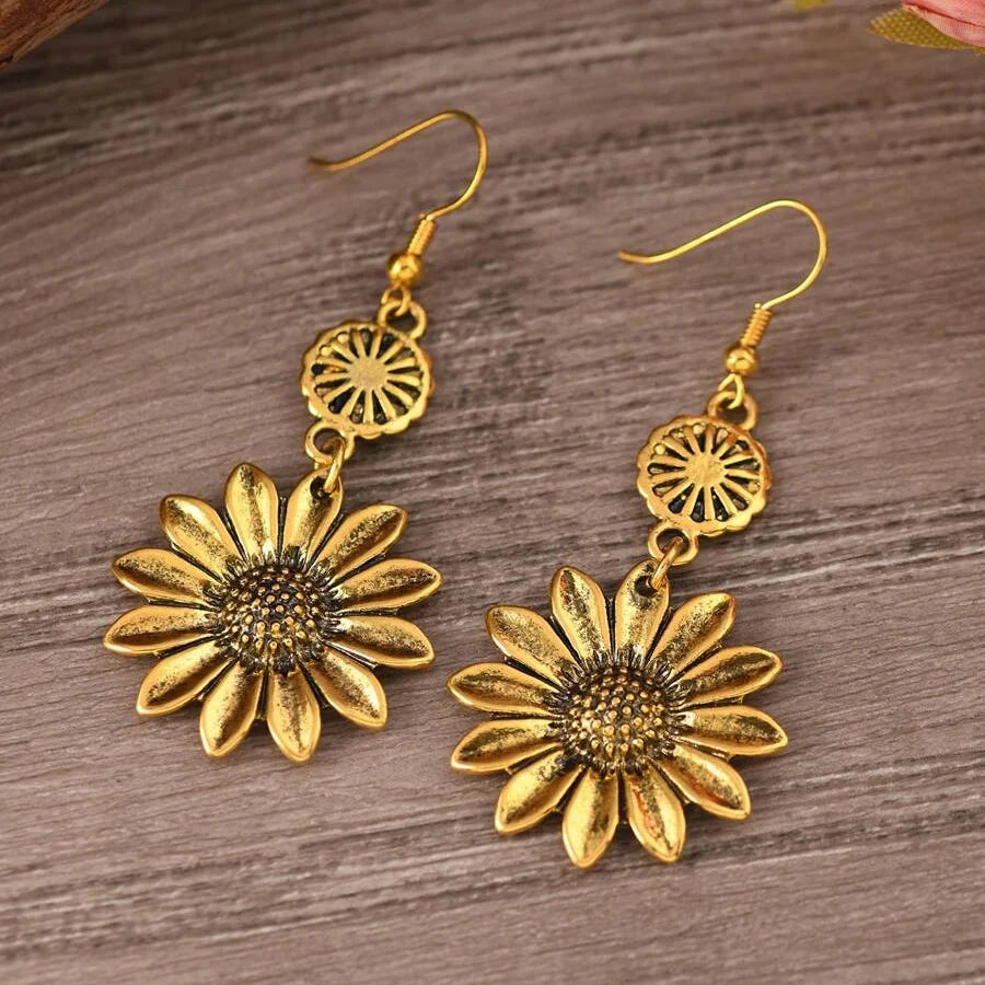 Vintage bohemien oorhangers met zonnebloem