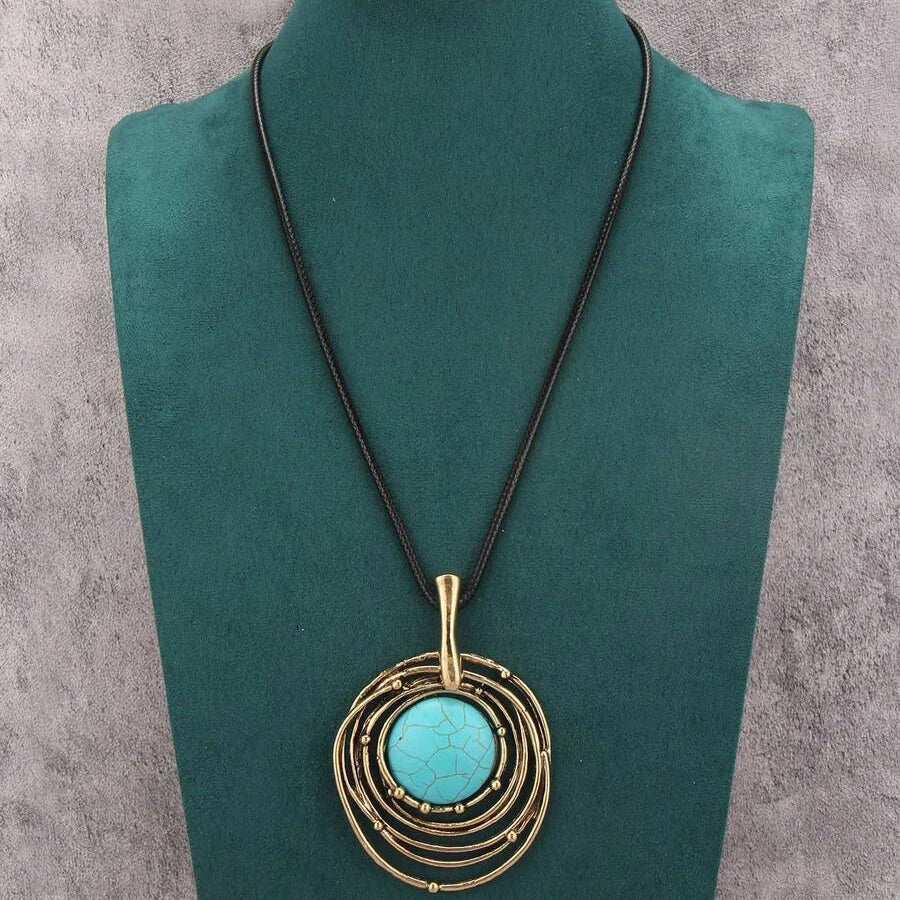 Classic Black Wax Cord Turquoise Stone Long Necklace
