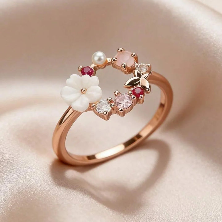 Elegant Flower Faux Pearl Micro Inlaid Zirconia Butterfly Ring