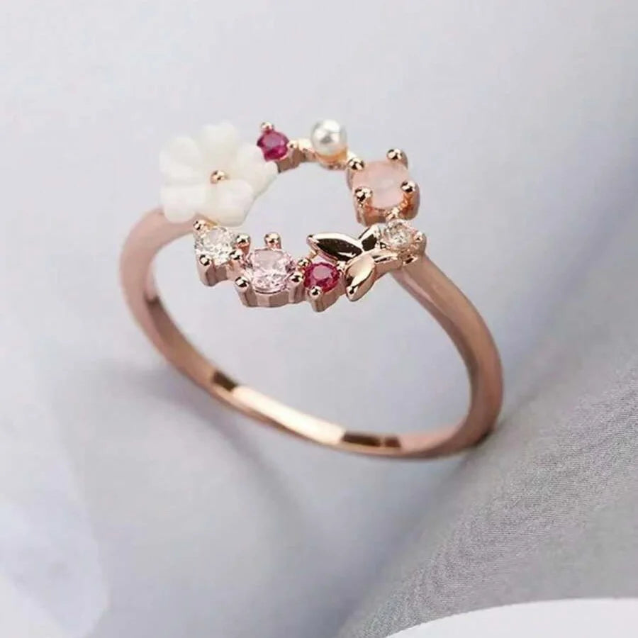 Elegant Flower Faux Pearl Micro Inlaid Zirconia Butterfly Ring