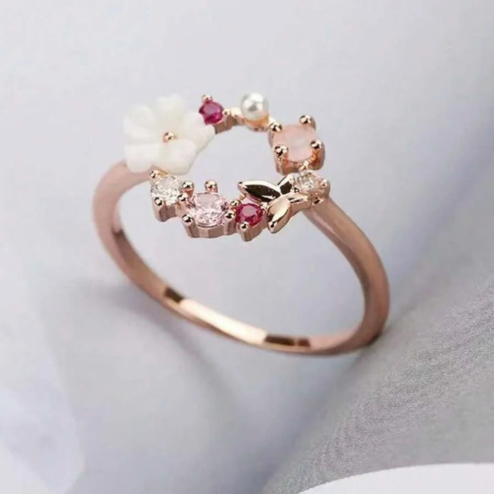 Elegant Flower Faux Pearl Micro Inlaid Zirconia Butterfly Ring