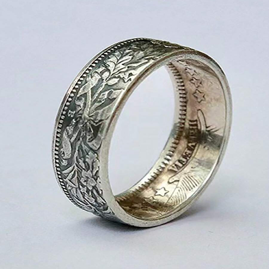 Vintage verzilverde ring met sneeuwvlok- en muntpatroon