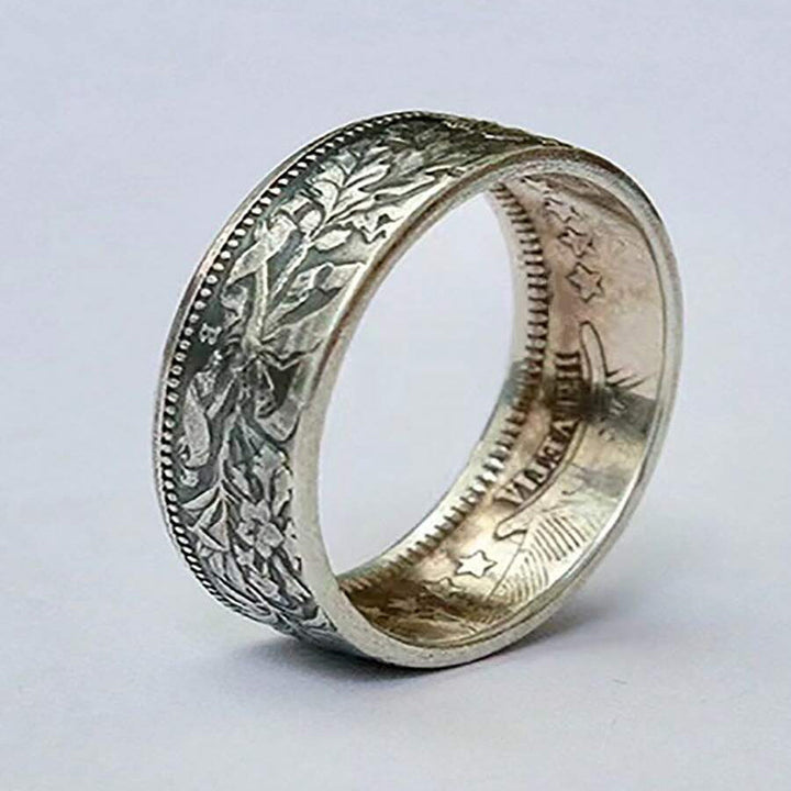 Vintage Silver Plated Snowflake & Coin Pattern Ring