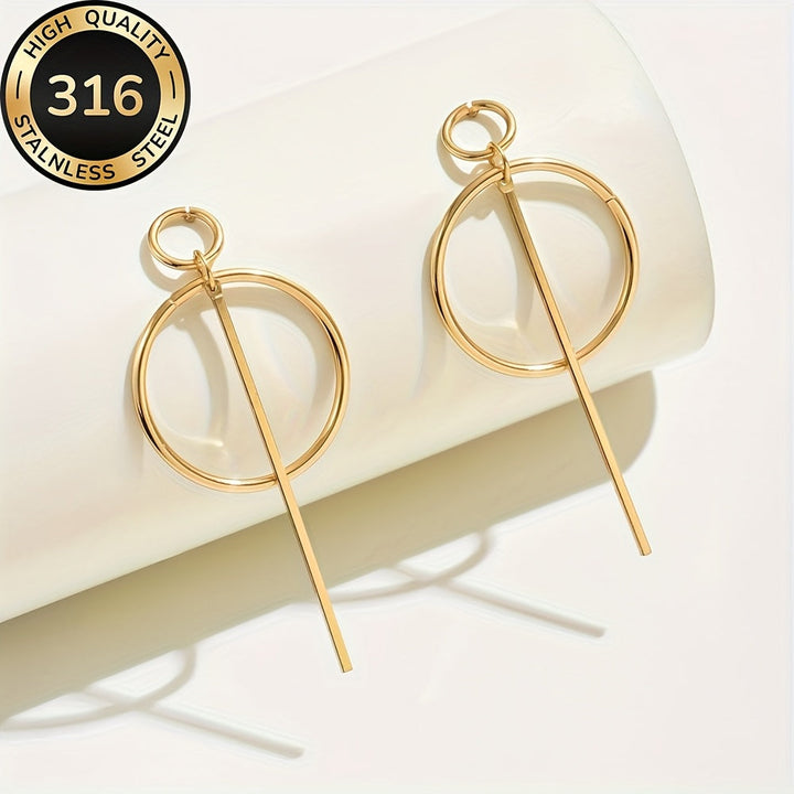Modern Linear Style Gold Plated Circle Drop Earrings