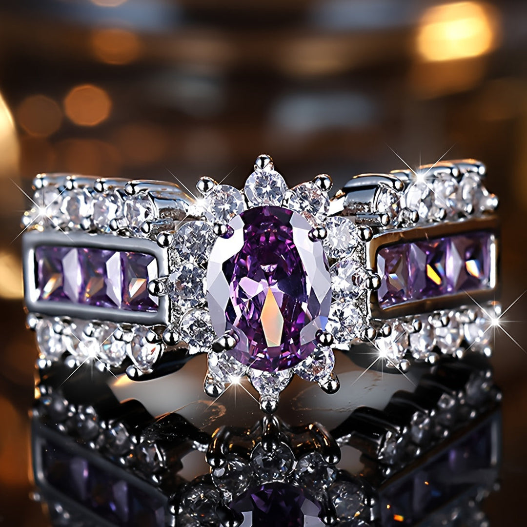 Vintage Boho Silver Purple Oval Zirconia Stone Rings