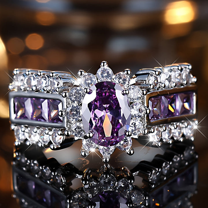 Vintage Boho Silver Purple Oval Zirconia Stone Rings