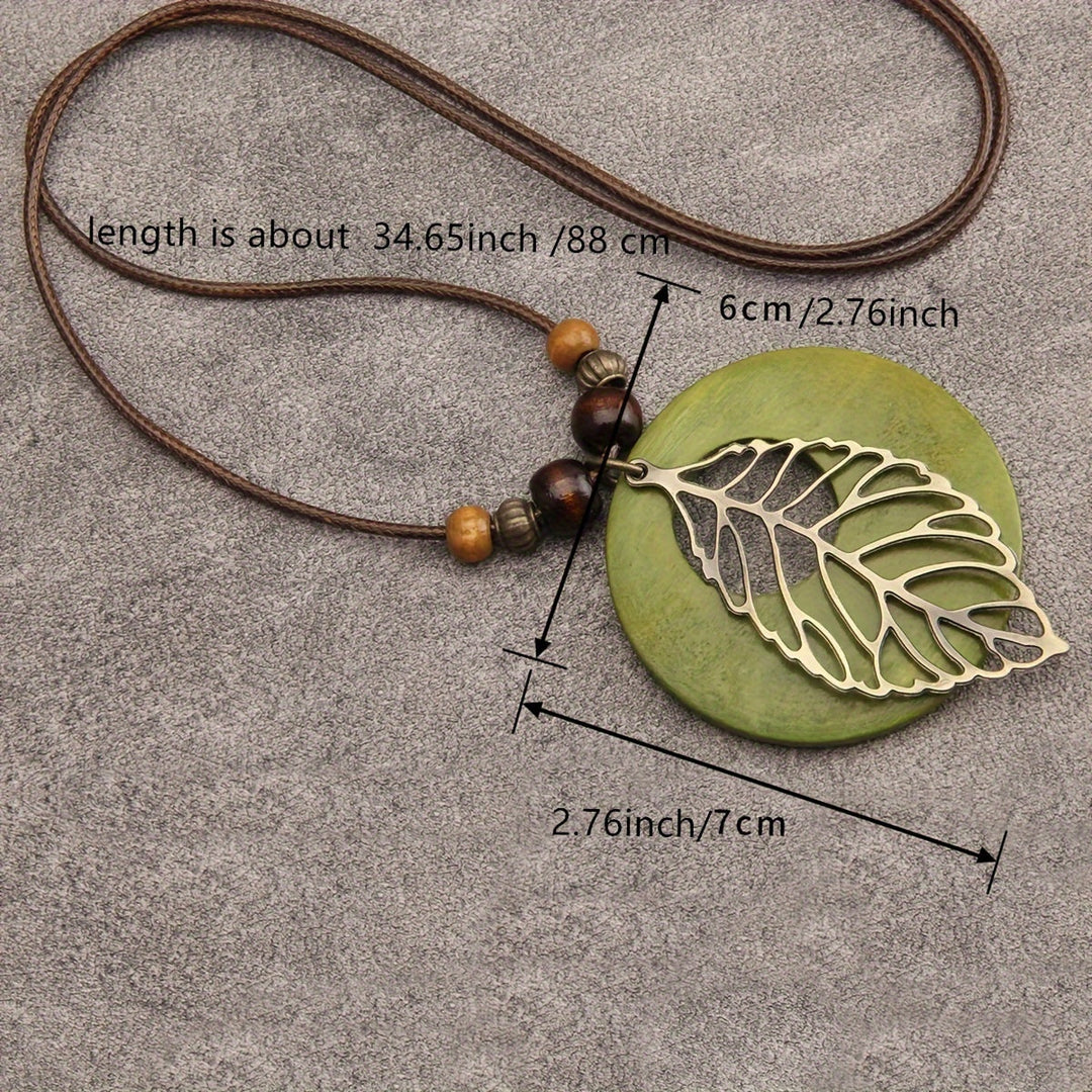 Bohemian Wax Rope Leaf Shaped Pendant Long Necklace