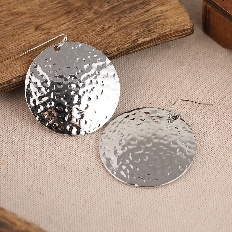 Vintage Hammered Large Disk Dangle Circle Earrings