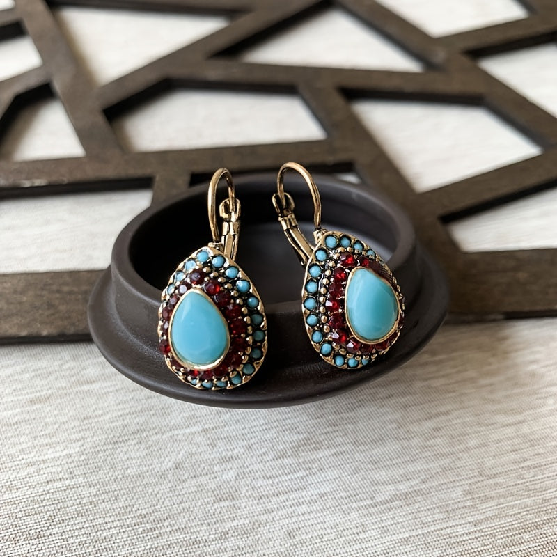 Vintage Turquoise Rhinestone Teardrop Resin Earrings